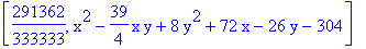 [291362/333333, x^2-39/4*x*y+8*y^2+72*x-26*y-304]